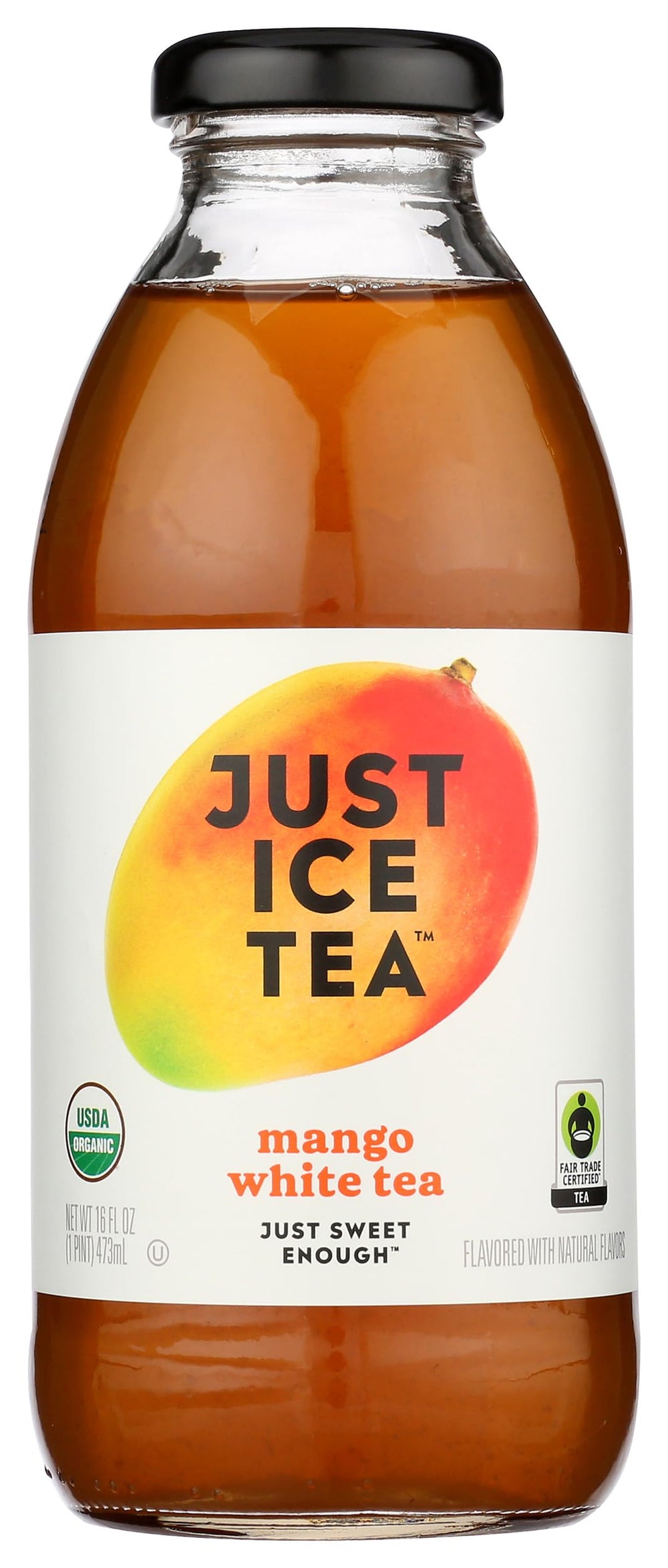 Just Ice Tea mango white bottle showcases organic mango white tea for a refreshing drink.