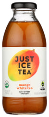 Just Ice Tea mango white bottle showcases organic mango white tea for a refreshing drink.