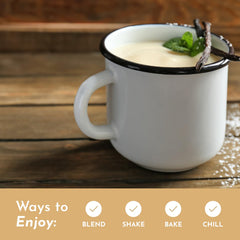 JUST INGREDIENTS Bone Broth Protein Powder ingredients close-up highlighting vanilla, coconut milk, MCT oil.
