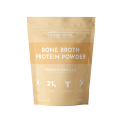 JUST INGREDIENTS Bone Broth Protein Powder tub front with French Vanilla flavor for shakes.