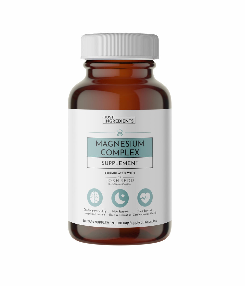 Just Ingredients Magnesium Complex bottle highlighting a multi-form blend for relaxation and sleep support