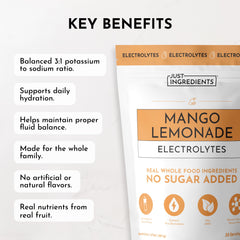JUST INGREDIENTS Mango Lemonade electrolyte drink mix in a glass highlighting tropical flavor