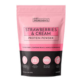 JUST INGREDIENTS Strawberries & Cream protein bottle showing premium blend for post-workout recovery