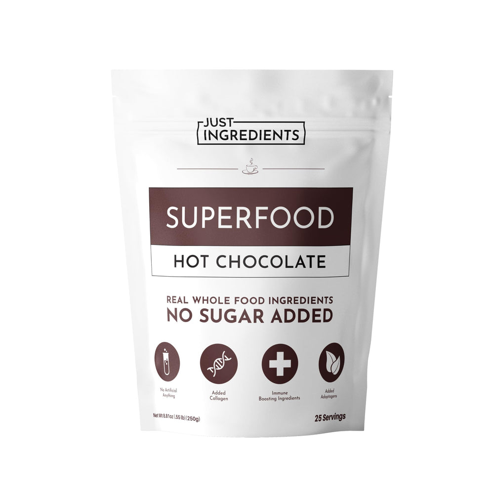 Just Ingredients Superfood Hot Chocolate cup delivers cozy nourishment.