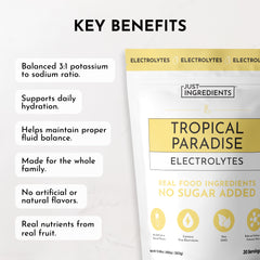 JUST INGREDIENTS Tropical Paradise Electrolytes Measuring Scoop ready to mix for easy hydration.
