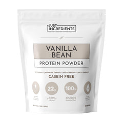 JUST INGREDIENTS Vanilla Bean Protein Powder bottle shows real vanilla and clean ingredients for sustained energy.