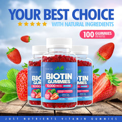 Just Nutrients Biotin gummies strawberry label, high strength biotin and vegan formula