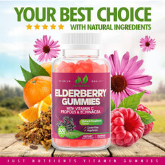 Ingredients panel on Just Nutrients elderberry gummies packaging with natural ingredients.
