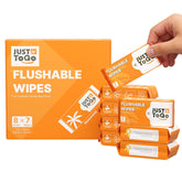 JUST TO GO flushable wipes in septic-safe packaging for responsible disposal.