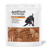 Friandise JustFoodForDogs à citrouille, parfait pour chiens actifs et bénéfiques pour une collation saine.