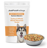 JustFoodForDogs Nutrient Blend turkey and whole wheat macaroni bowl for a balanced meal.