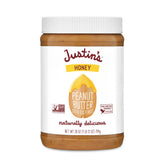 Justin's No Stir Honey Peanut Butter jar shows creamy texture for quick snacking