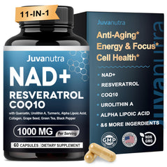 JuvaNutra NAD 11-in-1 bottle front, supports daily energy and focus.