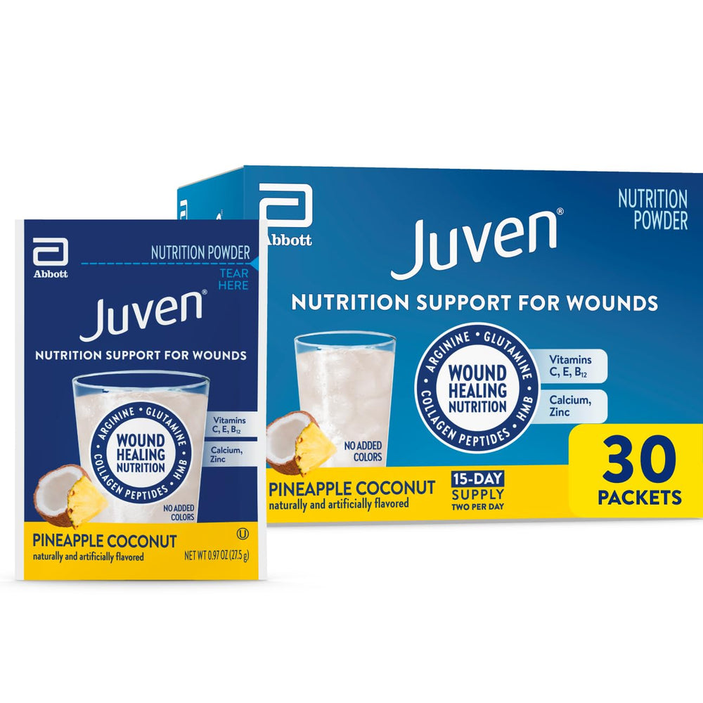 Juven therapeutic nutrition tub front label highlights key ingredients for wound support