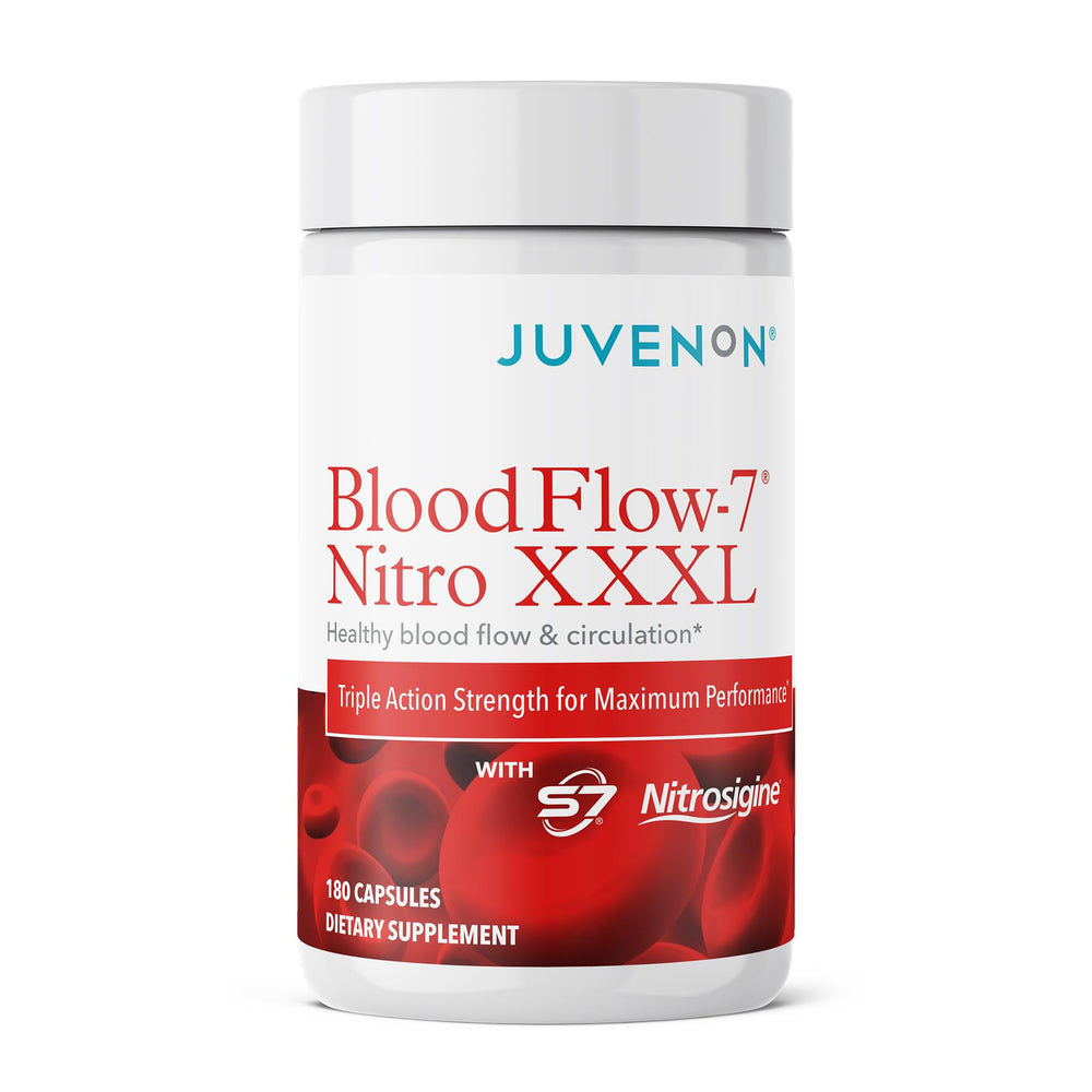 Juvenon BloodFlow-7 bottle front view highlighting nitric oxide formula for workouts.