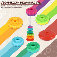 JUXUE spin toy with pole and discs demonstrates cause-and-effect play.