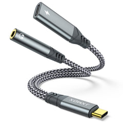 JXMOX USB-C to 3.5mm adapter front view with PD passthrough for charging while listening