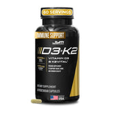 JYM D3 + K2 bottle front supports bone health and immune function.