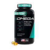 JYM Omega Fish Oil bottle highlights high-potency DHA and EPA for brain and heart support.