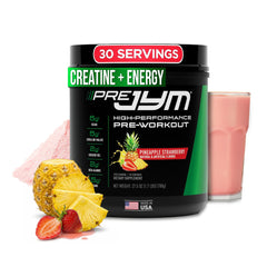 JYM Pre JYM Pineapple Strawberry bottle shows premium pre-workout ingredients for focused training