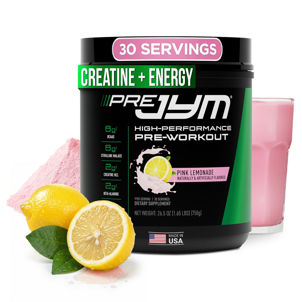 JYM Pre JYM Pink Lemonade tub showing full ingredient profile for workout support.