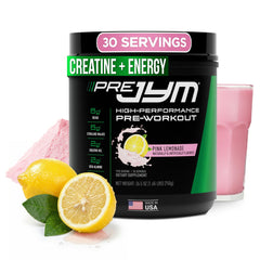 JYM Pre JYM Pink Lemonade tub showing full ingredient profile for workout support.