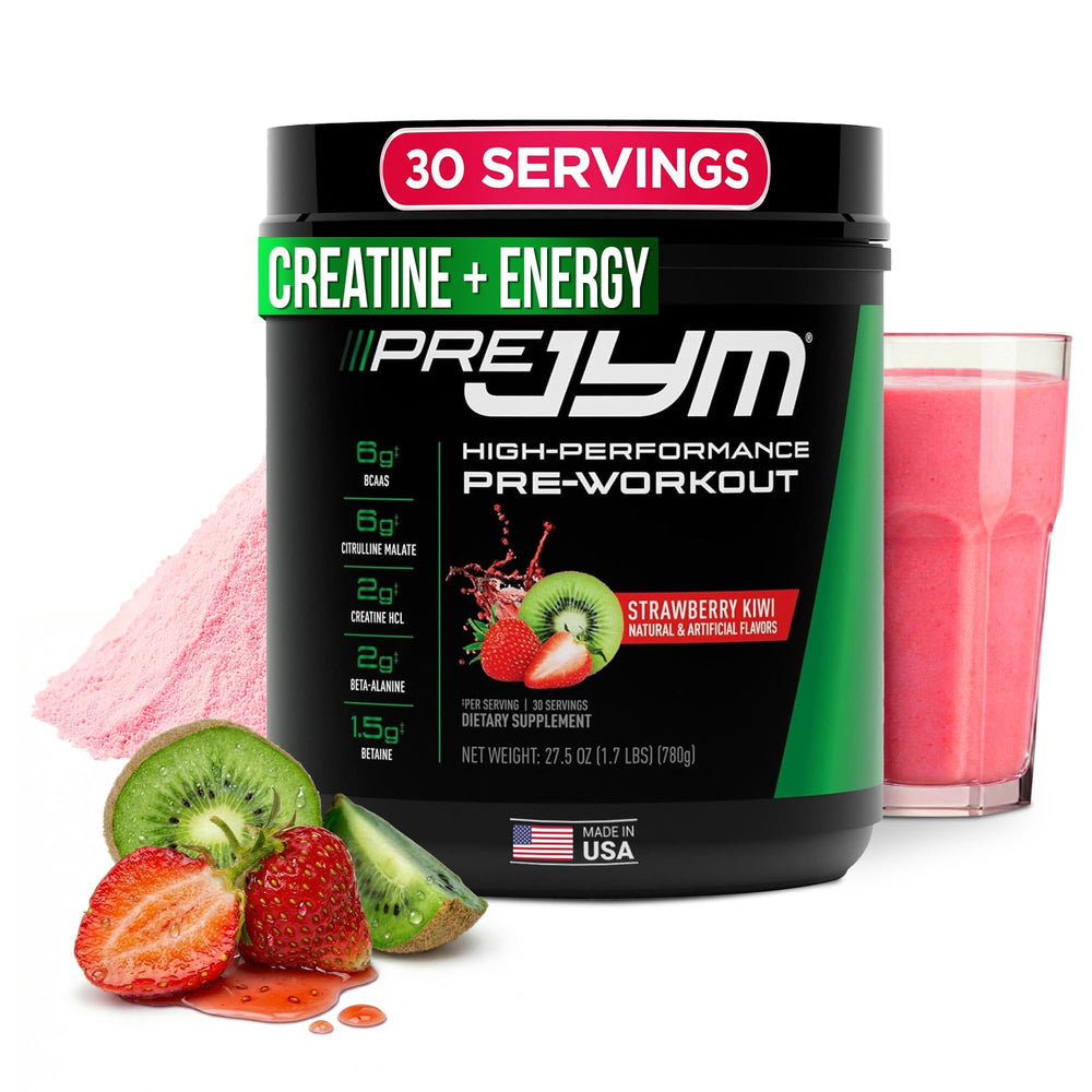 JYM Pre JYM Strawberry Kiwi tub shows a transparent ingredient list for clear dosing.