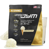 Pro JYM Tahitian Vanilla protein bottle on kitchen counter for post-workout recovery