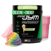 JYM Rainbow Sherbet pre-workout bottle pouring a colorful drink to boost workout momentum