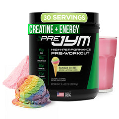 JYM Rainbow Sherbet pre-workout bottle pouring a colorful drink to boost workout momentum