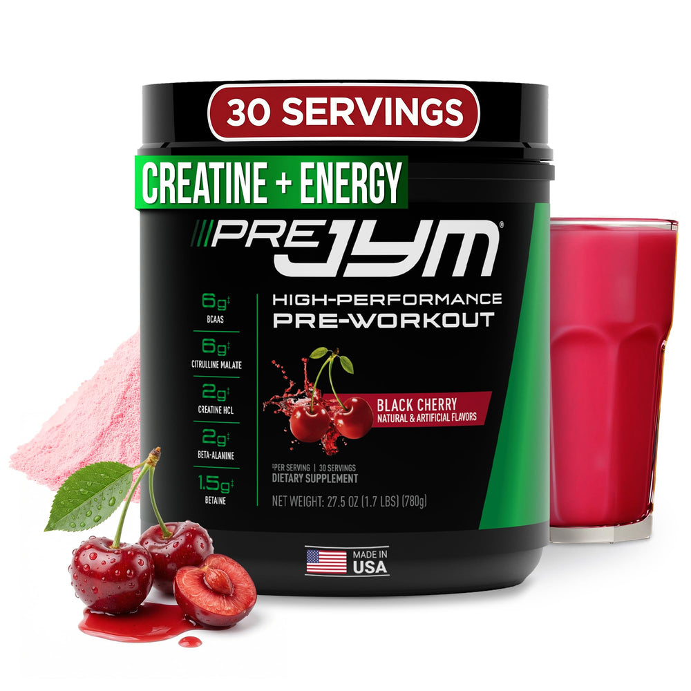 JYM Supplement Science Pre JYM Black Cherry tub supports focus and endurance for intense training.