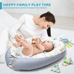 Jyusmile soft fabric mat provides gentle touch and comfortable play surface.