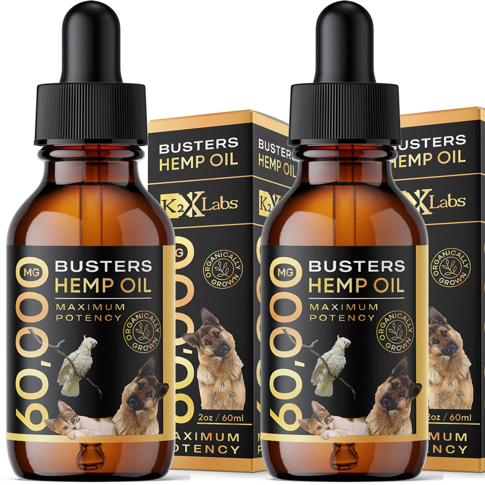 K2xLabs Buster's Hemp Oil bottle with dropper for dogs and cats supports calm energy