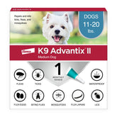 K9 Advantix II Medium Dog bottle for monthly flea, tick, and mosquito protection.