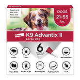 K9 Advantix Large Dog packaging shows a monthly protection plan for fleas, ticks, and mosquitoes.