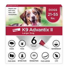 K9 Advantix Large Dog packaging shows a monthly protection plan for fleas, ticks, and mosquitoes.