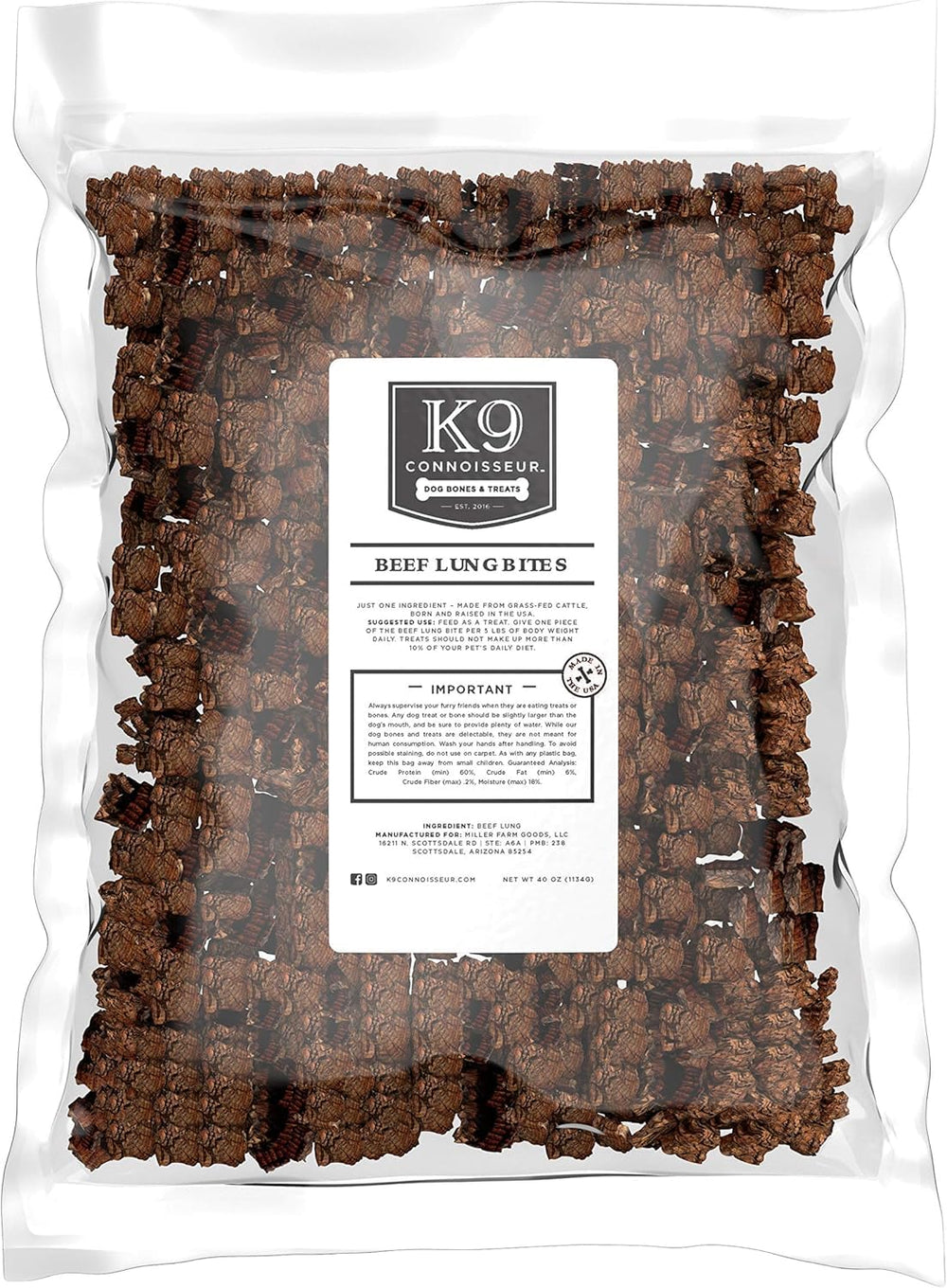 K9 Connoisseur beef lung treats in a bag, ideal for lean training rewards