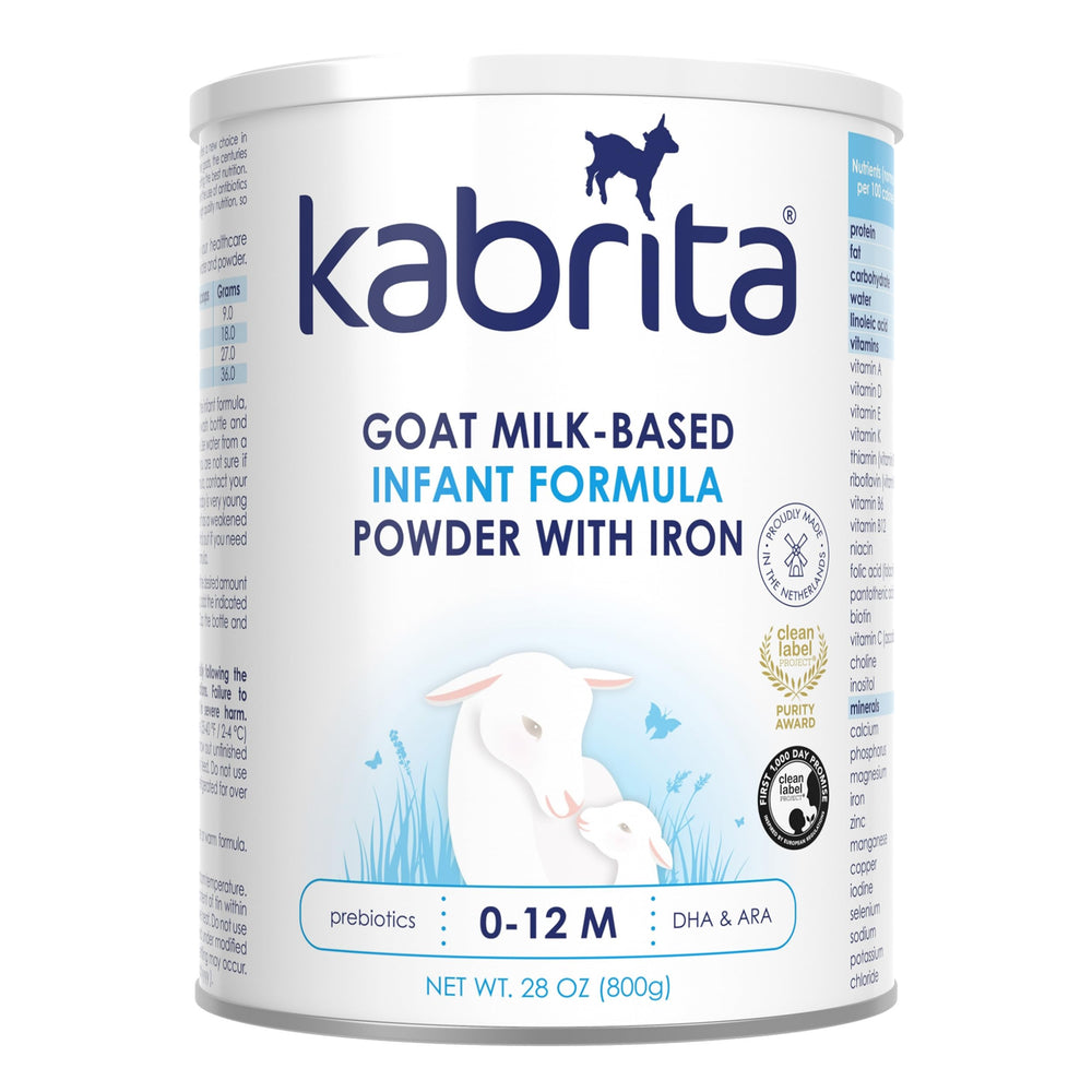 Kabrita goat milk infant formula package showing 28 oz and non-GMO label