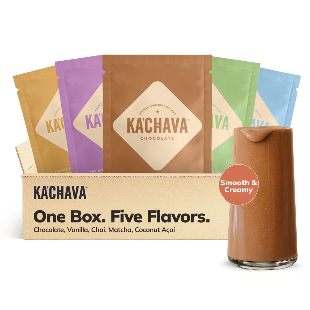 Ka’Chava chocolate shake bottle pouring for a quick meal replacement