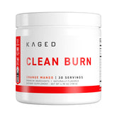 KAGED Clean Burn bottle being poured for a refreshing orange mango workout boost.
