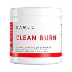 KAGED Clean Burn bottle being poured for a refreshing orange mango workout boost.