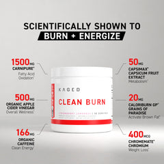 Scoop of KAGED Clean Burn powder ready to mix into water for a light pre-workout.
