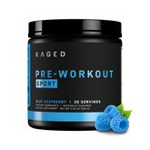 Kaged Sport Blue Razz canister for reliable pre-workout energy.