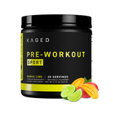 Kaged Sport Pre-Workout mango lime tub front label highlights a clean energy formula.