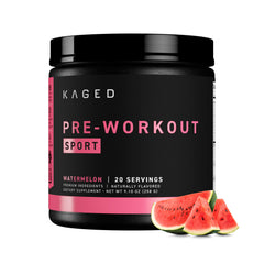 Kaged Sport Pre Workout Watermelon tub shows a clean energy formula for focused workouts.