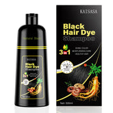 KAISASA black hair dye shampoo bottle demonstrates easy 3-in-1 color, cleanse, and condition.