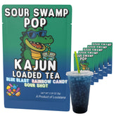Kajun Loaded Tea Sour Swamp Pop glass shows blue blast flavor for an energizing boost.