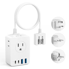 Kakyanill European travel adapter with four outlets and USB ports for versatile charging.