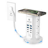 Kakyanill power strip tower with nine outlets and eight USB ports for organized charging.