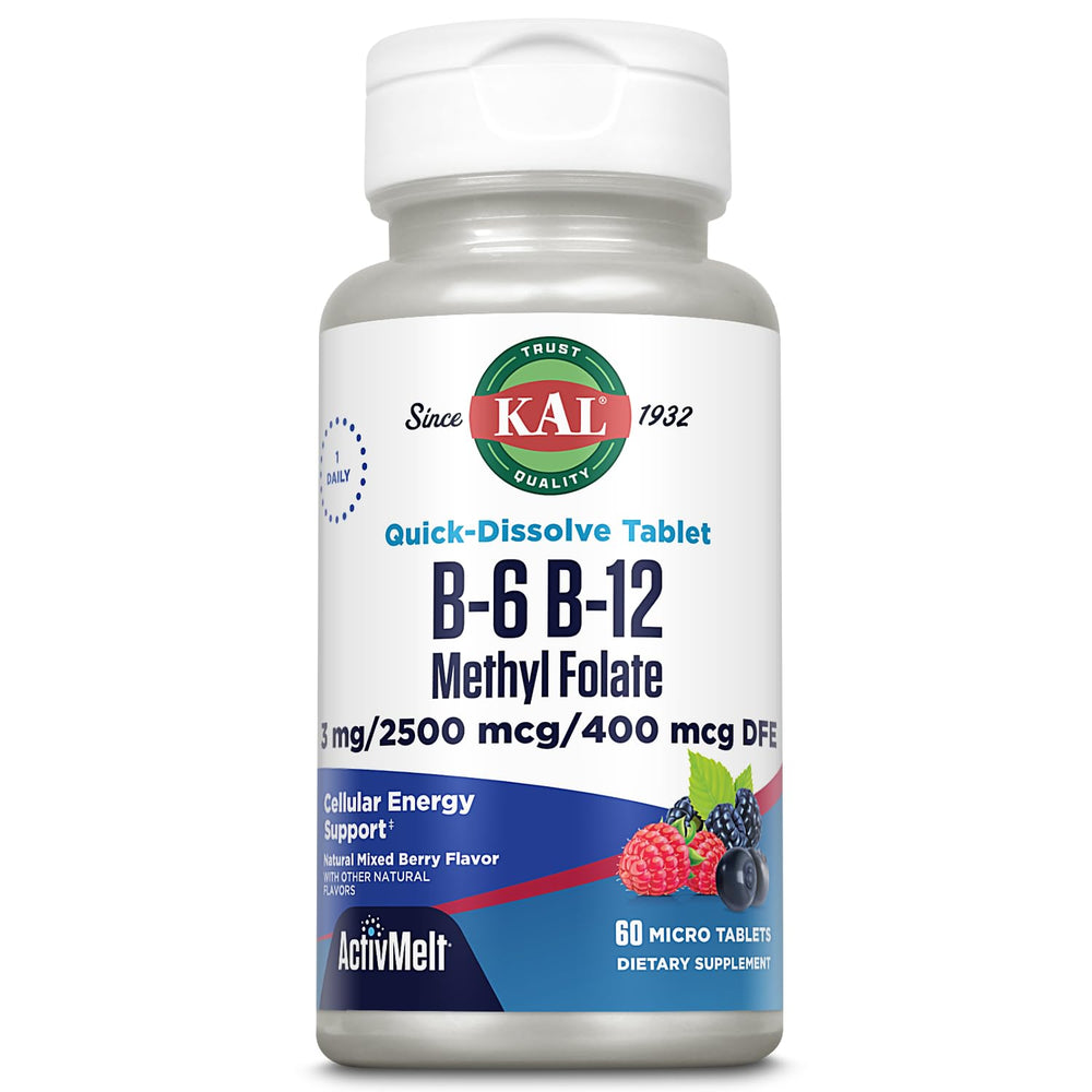 KAL ActivMelt bottle front showing berry-flavored B vitamin tablets for energy support.